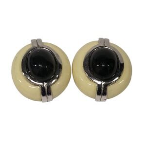 Vintage CINER SilverTone Enamel Black Stone Clip On Earrings SIGNED RARE